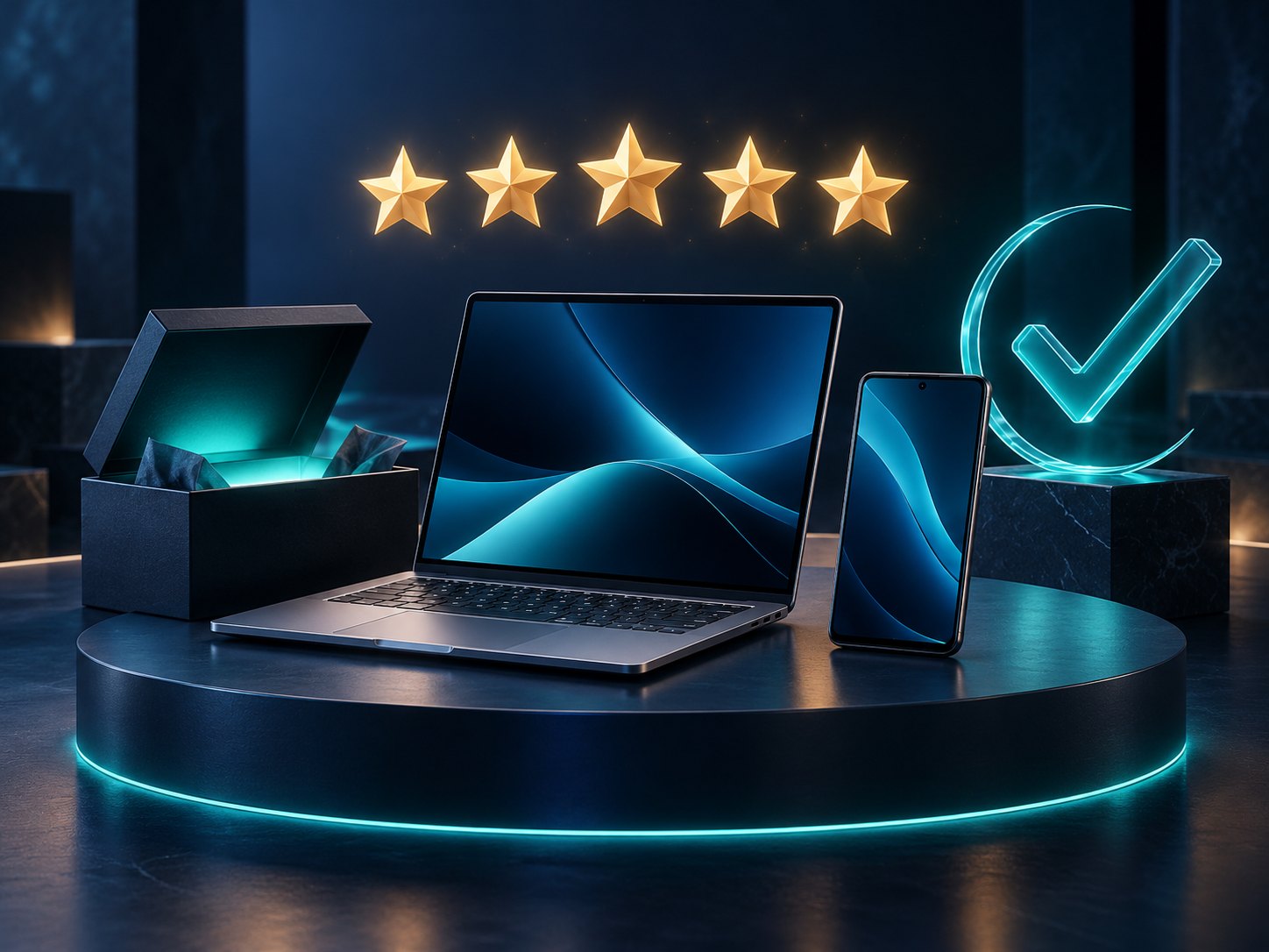 Notebook y teléfono junto a cinco estrellas doradas y una verificación, sobre un fondo tecnológico oscuro