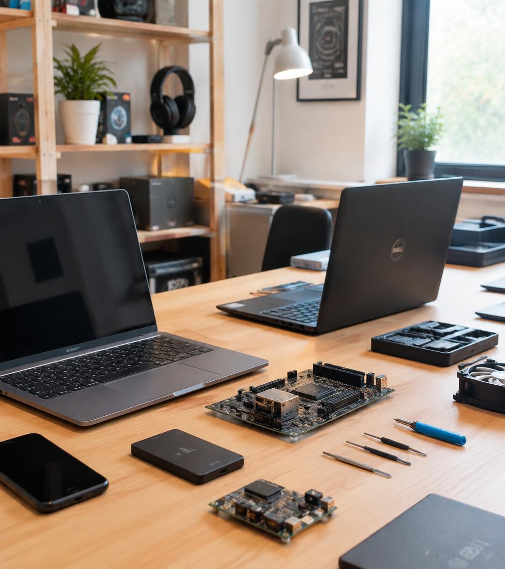 Escritorio de trabajo con notebooks y componentes de computadora